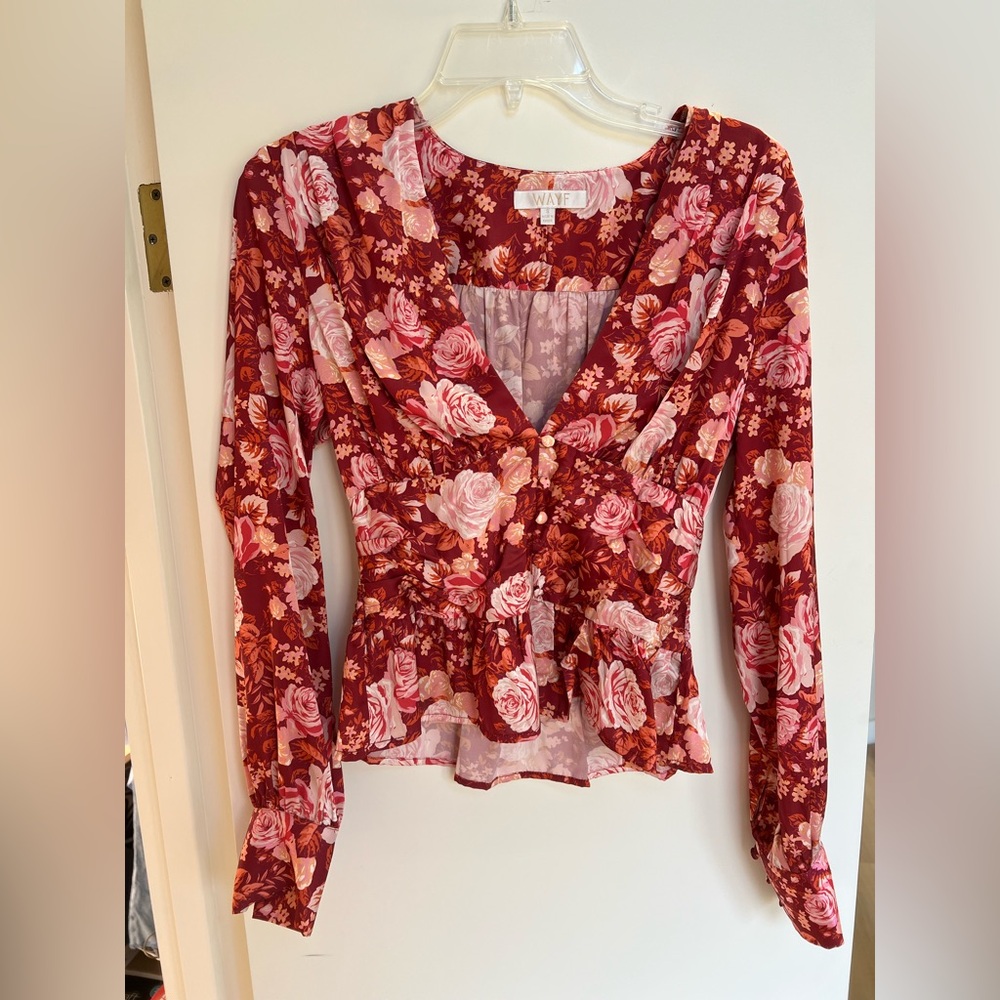 Wayf Red and Pink Floral Smocked Blouse